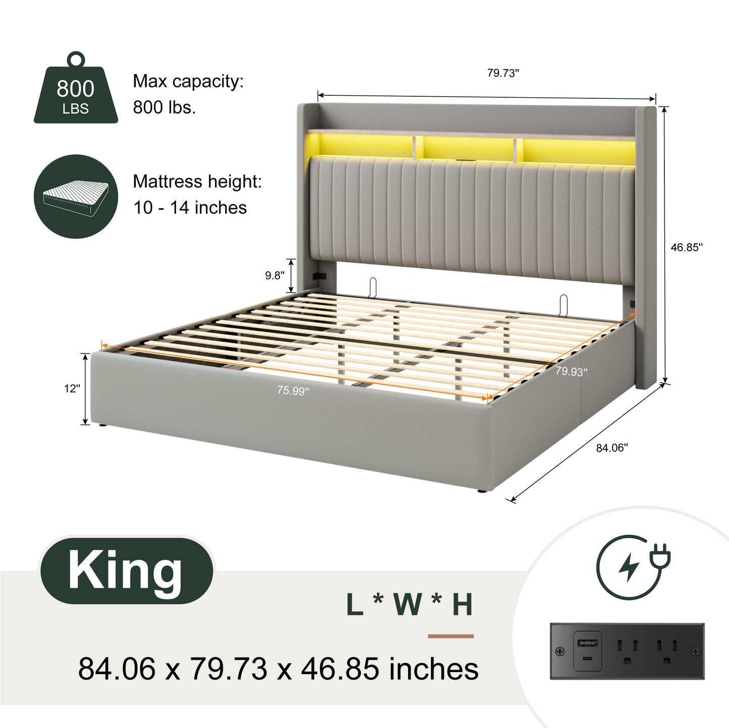 Amolife Hydraulic Lift-Up Storage Bed Frame, LED Headboard with Fast Charging (USB/Type-C), 2-Tier Shelves & Velvet Upholstered