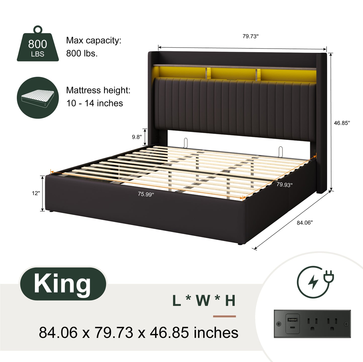 Amolife Hydraulic Lift-Up Storage Bed Frame, LED Headboard with Fast Charging (USB/Type-C), 2-Tier Shelves & Velvet Upholstered