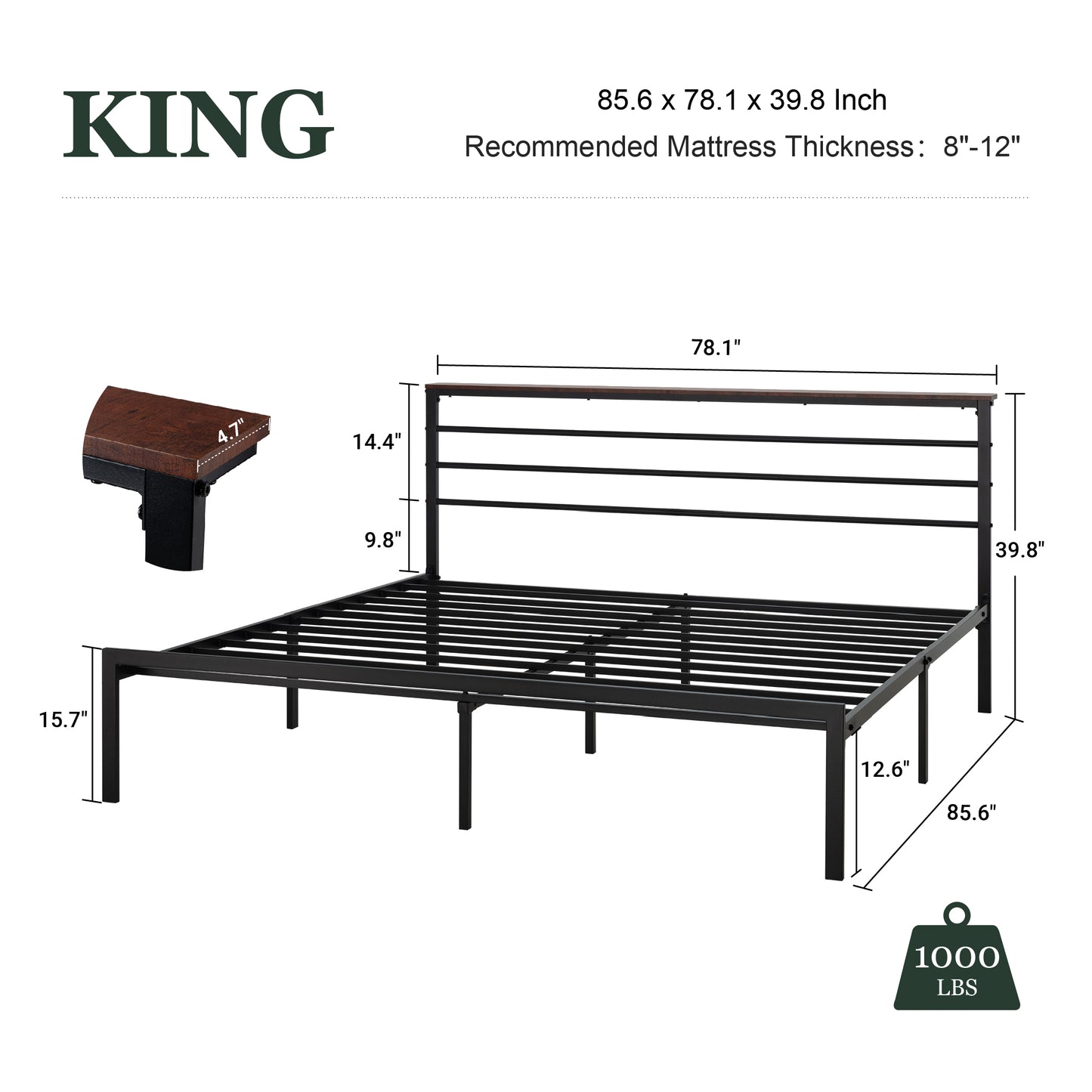 Queen Size Metal Bed Frame with Headboard Shelf, Black Oak