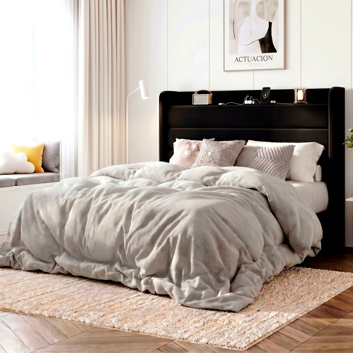 Amolife Platform Bed Frame with Upholstered Velvet Wingback Slat Headboard & Built-In Charging Station
