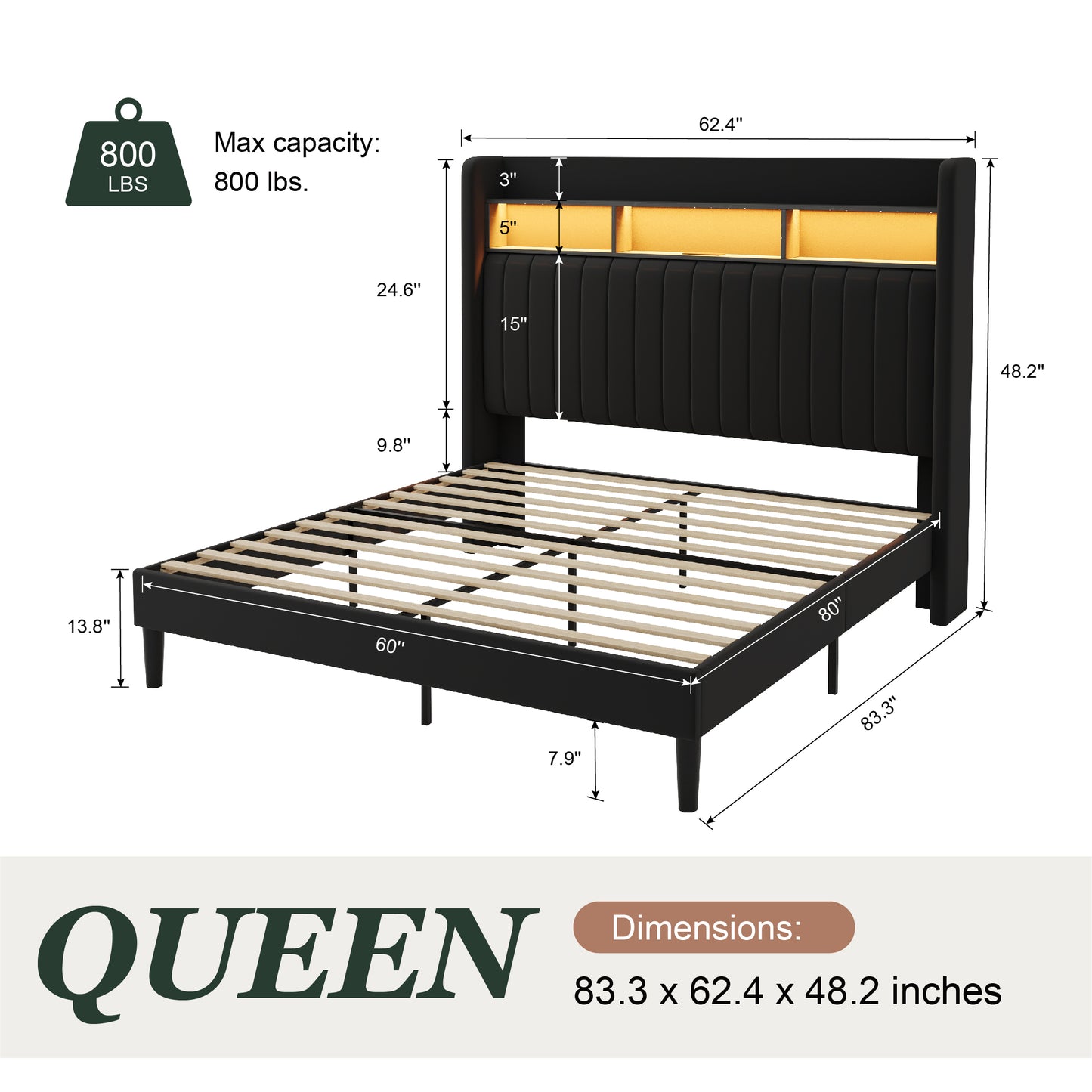 Amolife Bed Frame, RGB LED Lights & Charging Station, Upholstered Wingback Headboard, Noise-Free, No Box Spring Needed