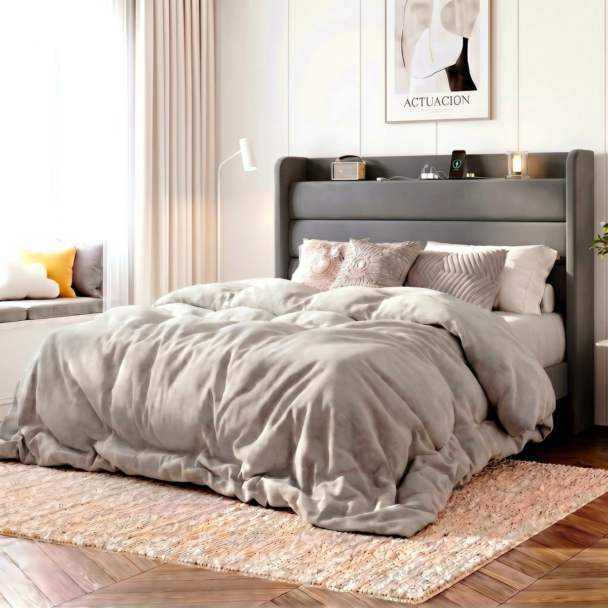 Amolife Platform Bed Frame with Upholstered Velvet Wingback Slat Headboard & Built-In Charging Station