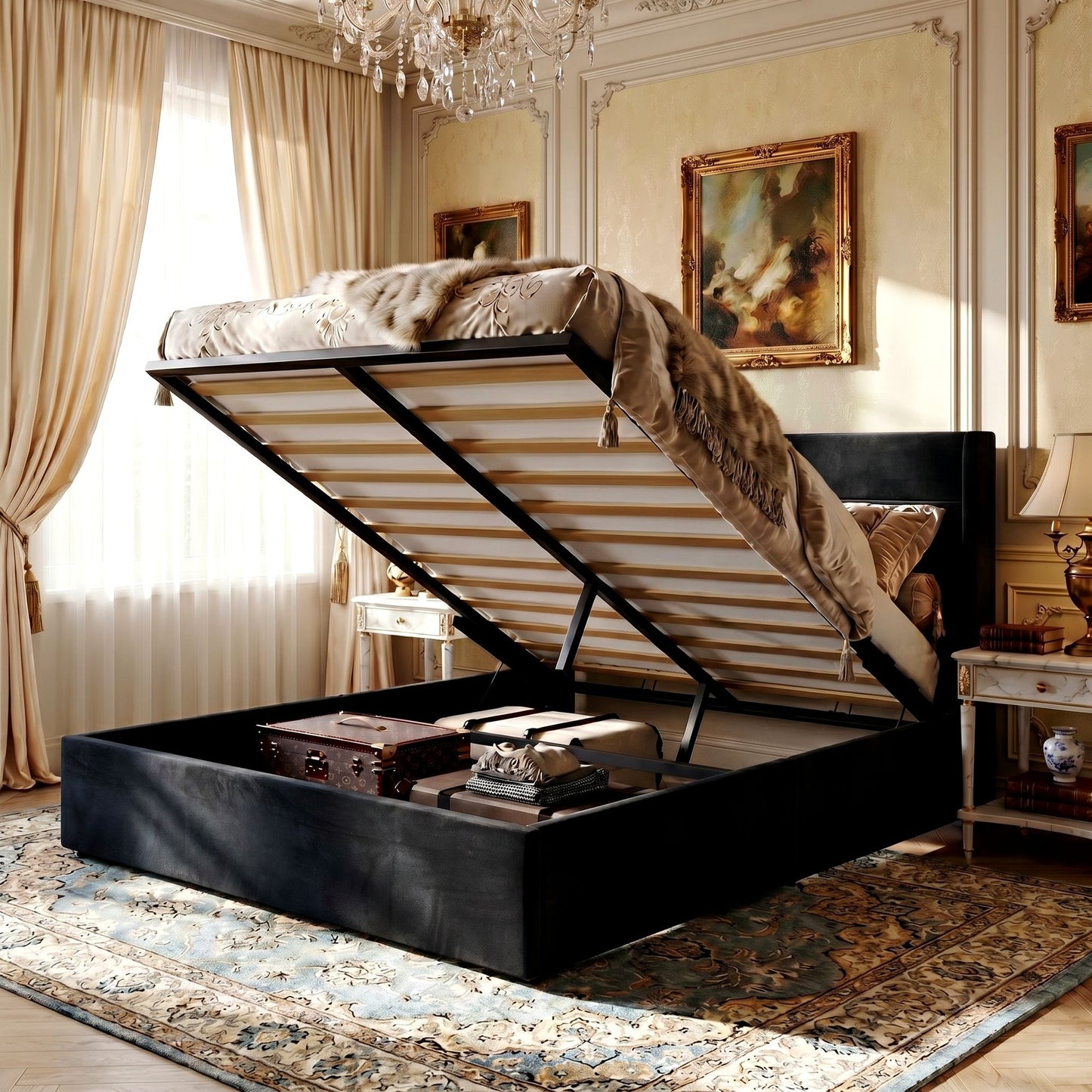 Amolife Lift Up Storage Bed Frame With Upholstered Wingback Headboard, Hydraulic Support, No Box Spring Needed