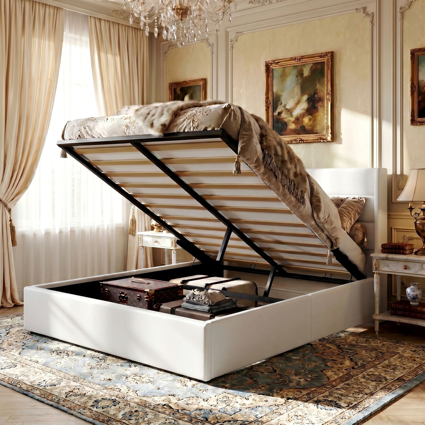 Amolife Lift Up Storage Bed Frame With Upholstered Wingback Headboard, Hydraulic Support, No Box Spring Needed