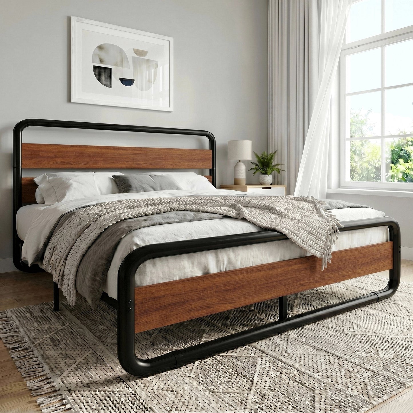 Amolife Bed Frame with Rounded-Edge Headboard and Footboard, Sturdy Construction, No Box Spring Required