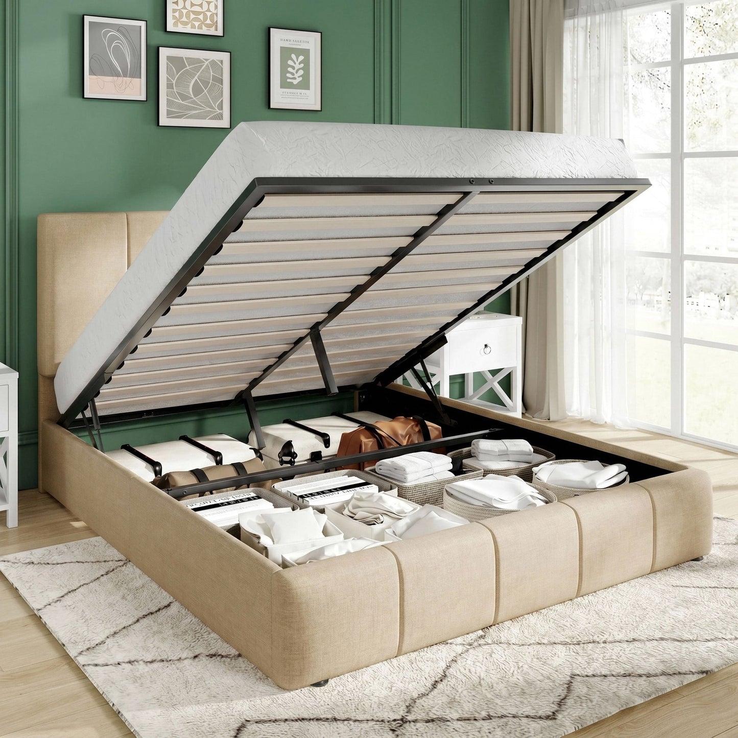 Amolife Lift Up Storage Bed Frame, Velvet Upholstered Platform Bed with Adjustable Channel Headboard