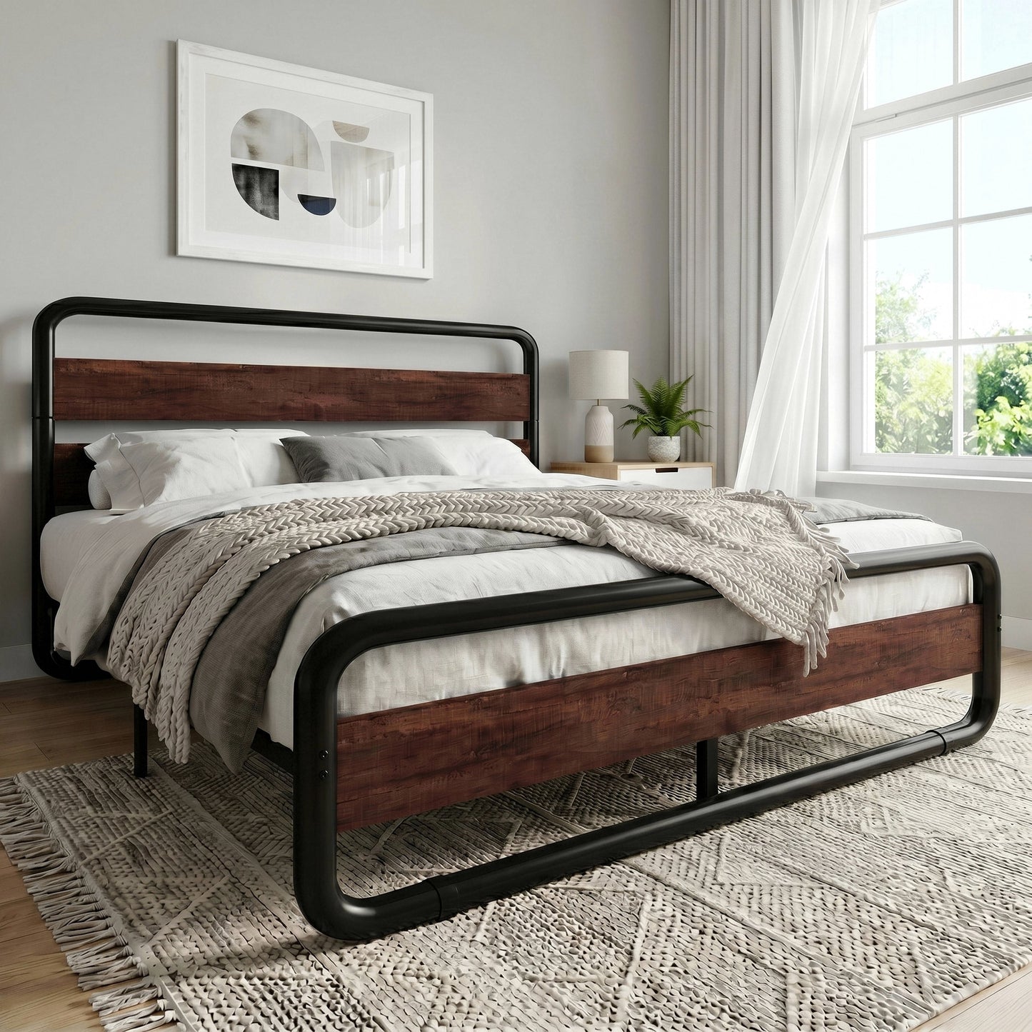 Amolife Bed Frame with Rounded-Edge Headboard and Footboard, Sturdy Construction, No Box Spring Required