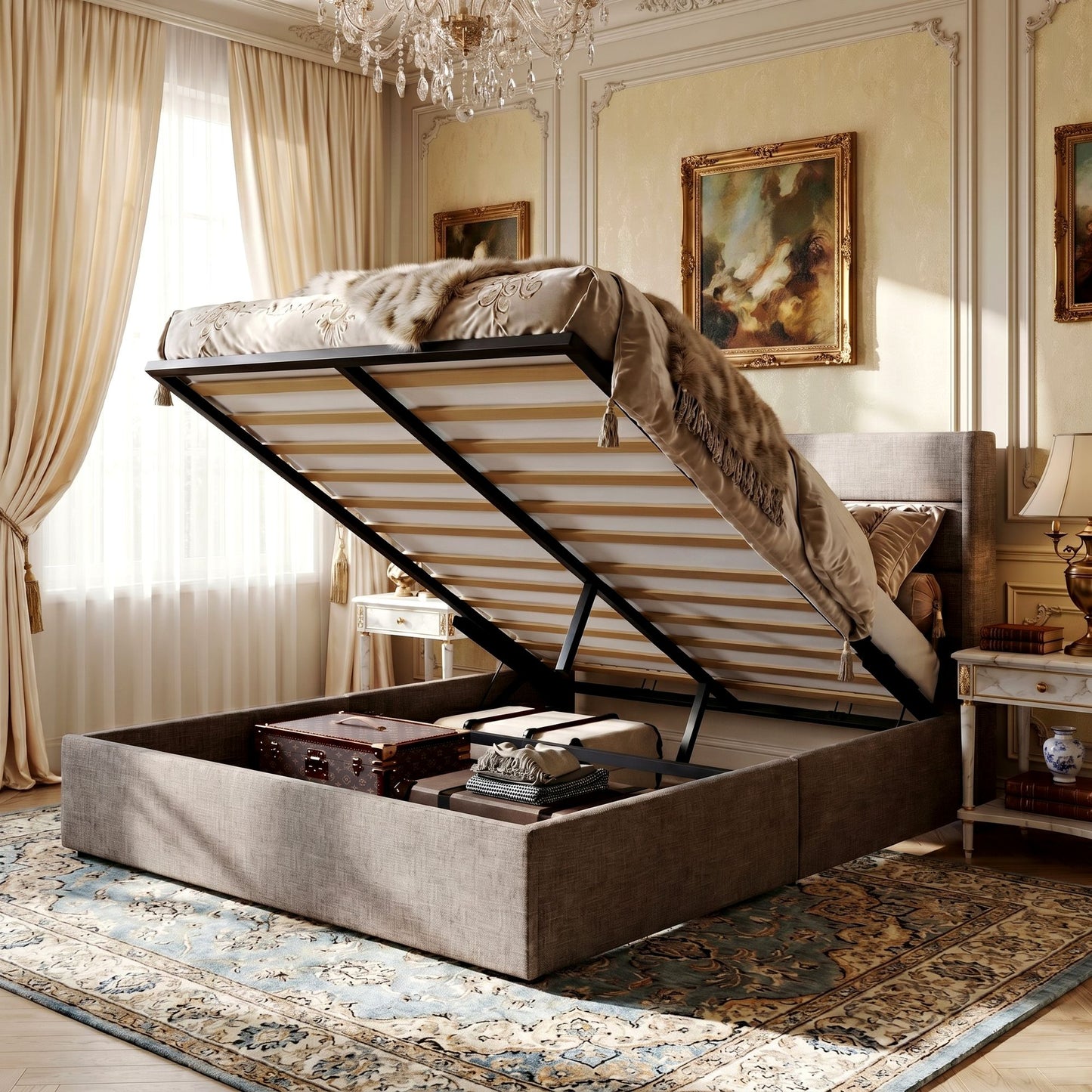 Amolife Lift Up Storage Bed Frame With Upholstered Wingback Headboard, Hydraulic Support, No Box Spring Needed