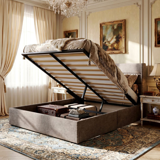 Amolife Lift Up Storage Bed Frame With Upholstered Wingback Headboard, Hydraulic Support, No Box Spring Needed