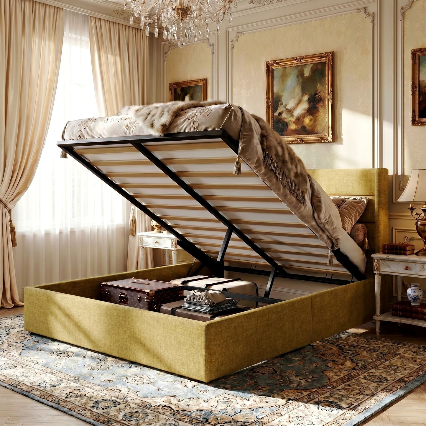 Amolife Lift Up Storage Bed Frame With Upholstered Wingback Headboard, Hydraulic Support, No Box Spring Needed