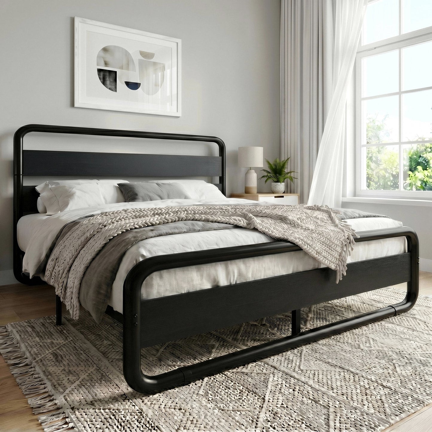 Amolife Bed Frame with Rounded-Edge Headboard and Footboard, Sturdy Construction, No Box Spring Required