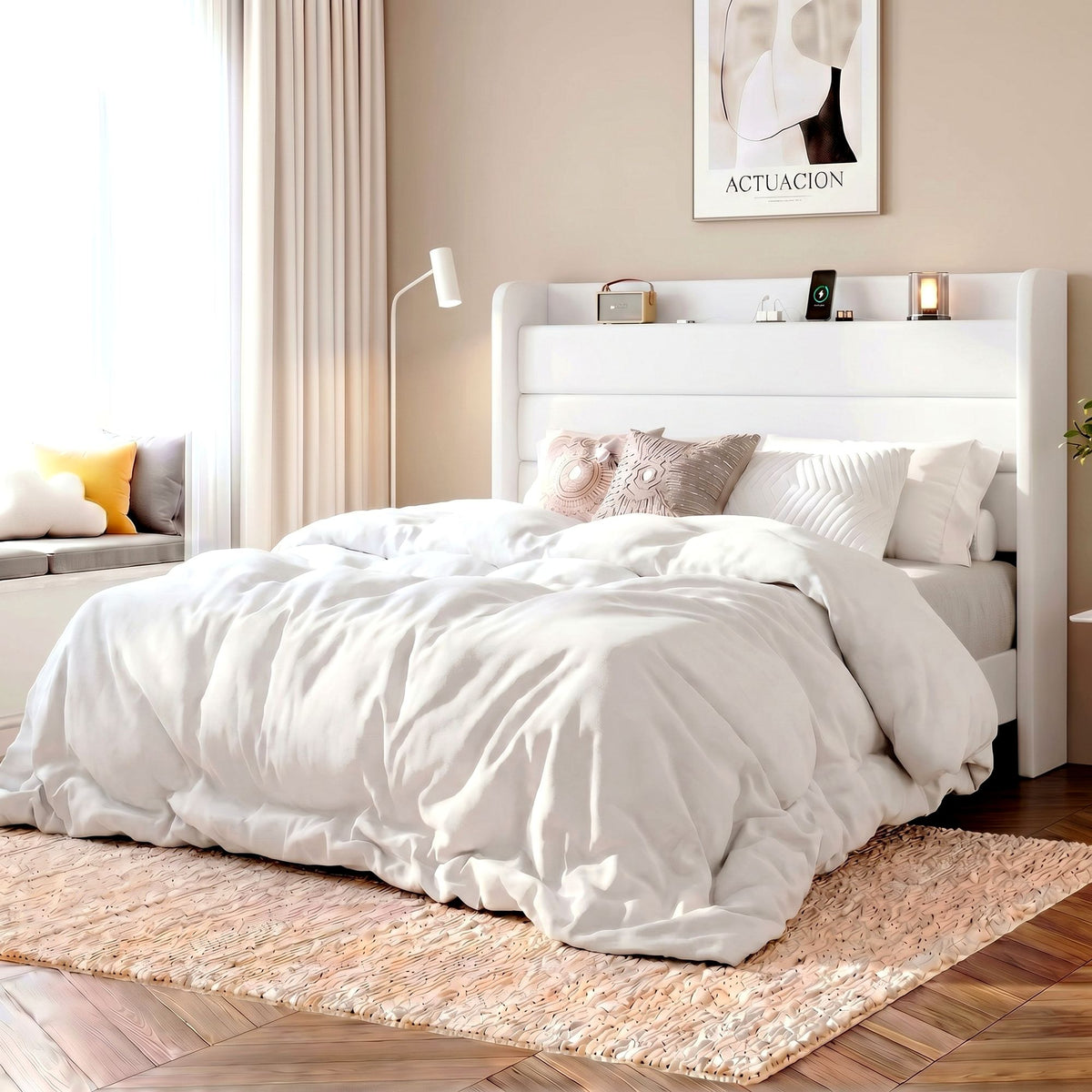 Amolife Platform Bed Frame with Upholstered Velvet Wingback Slat Headboard & Built-In Charging Station