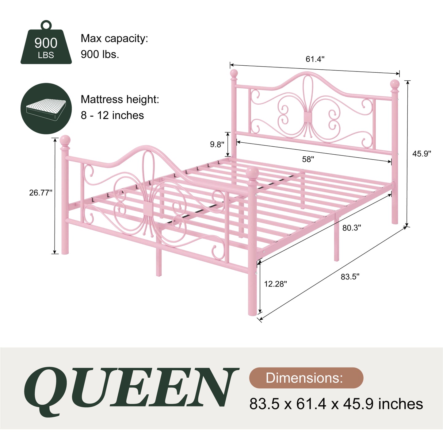 Amolife Metal Platform Bed Frame With Vintage Butterfly Pattern Headboard&Footboard