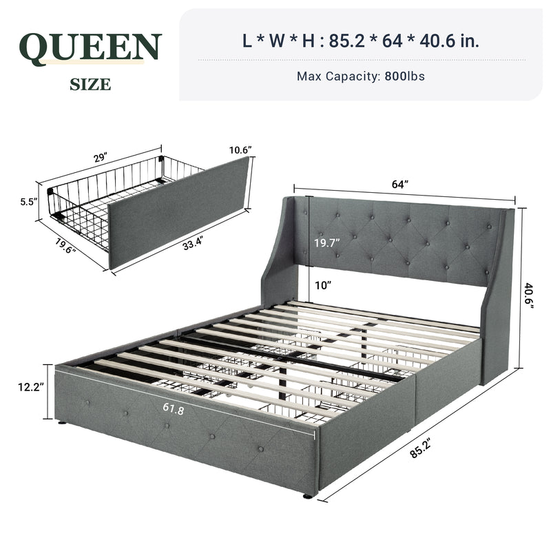 Queen Size Platform Bed Frame with 4 Storage Drawers and Wingback Headboard, Diamond Stitched Button Tufted Style, Dark Gray
