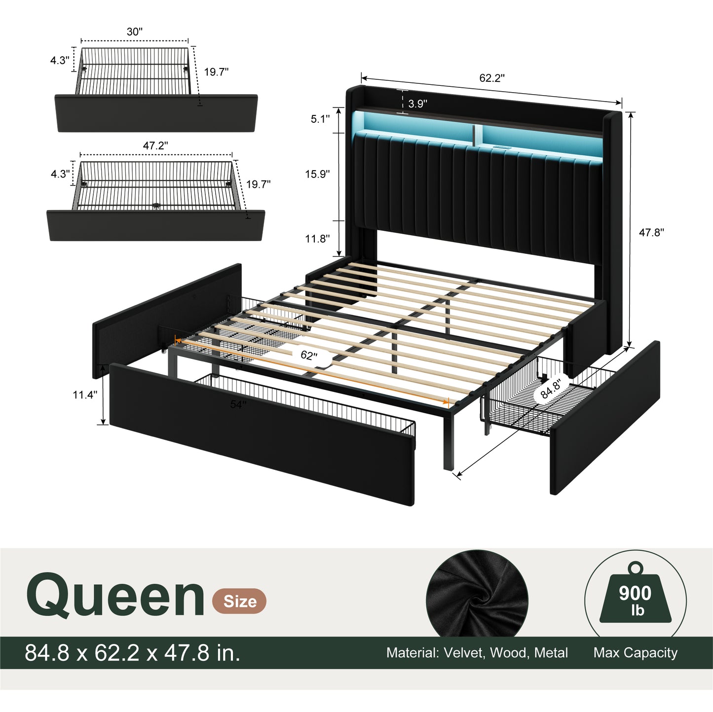 Amolife Bed Frame, Upholstered Storage Bed with 2 Shelves LED Wingback Headboard, 3 Drawers & USB Ports
