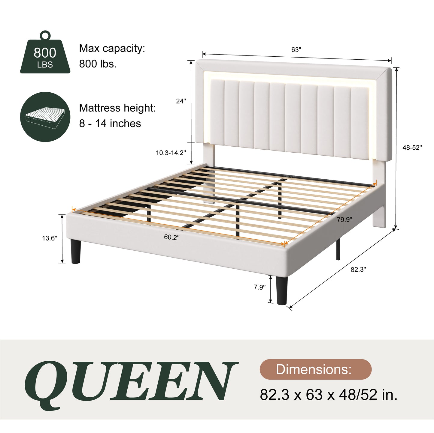 Amolife Bed Frame, Platform Bed with LED Light Velvet Vertical Channel Upholstered Headboard