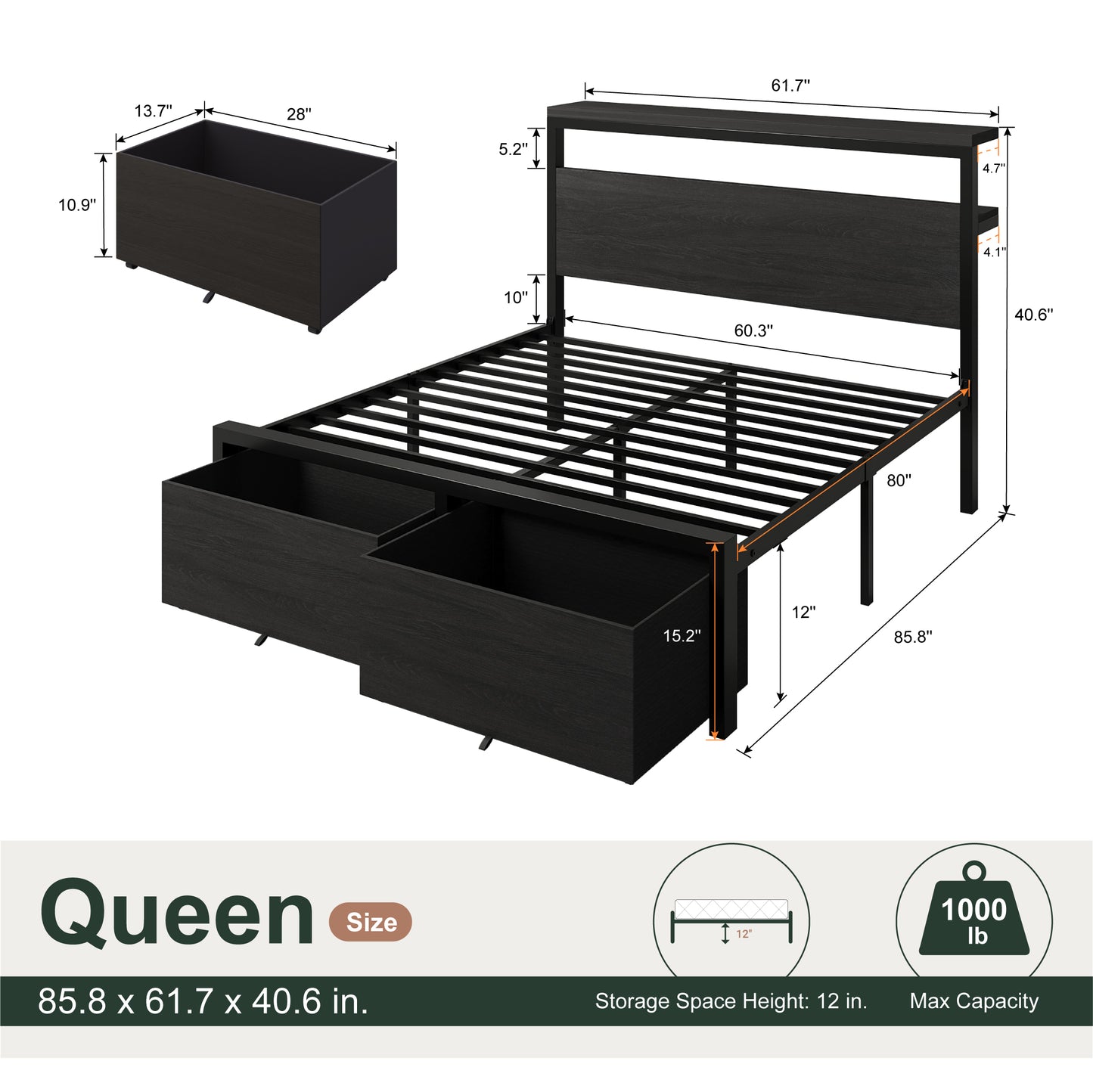Amolife Storage Bed Frame, 2 Storage Drawers, 2-Tier Shelf Wood Headboard with Charging Station & LED Light, Black