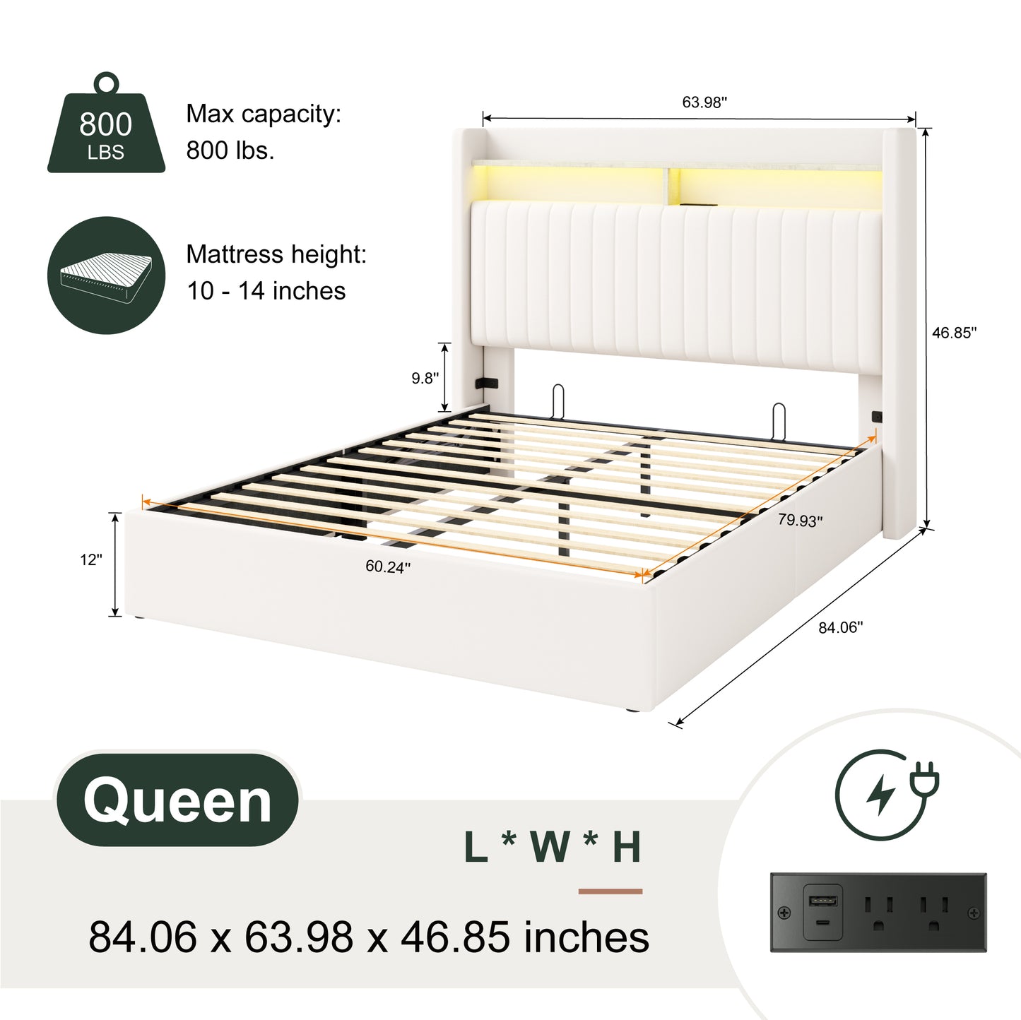 Amolife Hydraulic Lift-Up Storage Bed Frame, LED Headboard with Fast Charging (USB/Type-C), 2-Tier Shelves & Velvet Upholstered