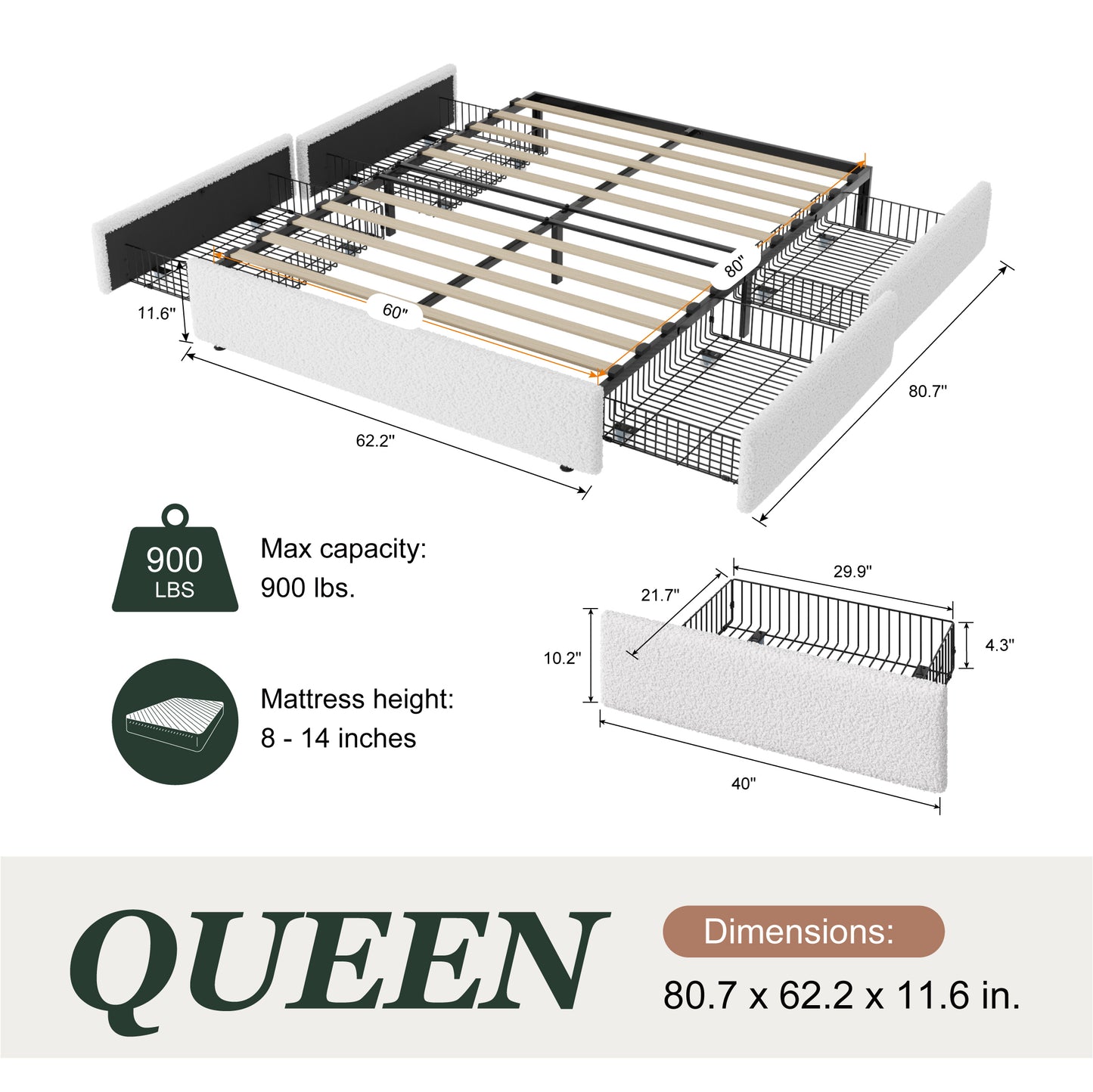 Amolife Platform Bed Frame with Plush Boucle Upholstery & 4 Storage Drawers