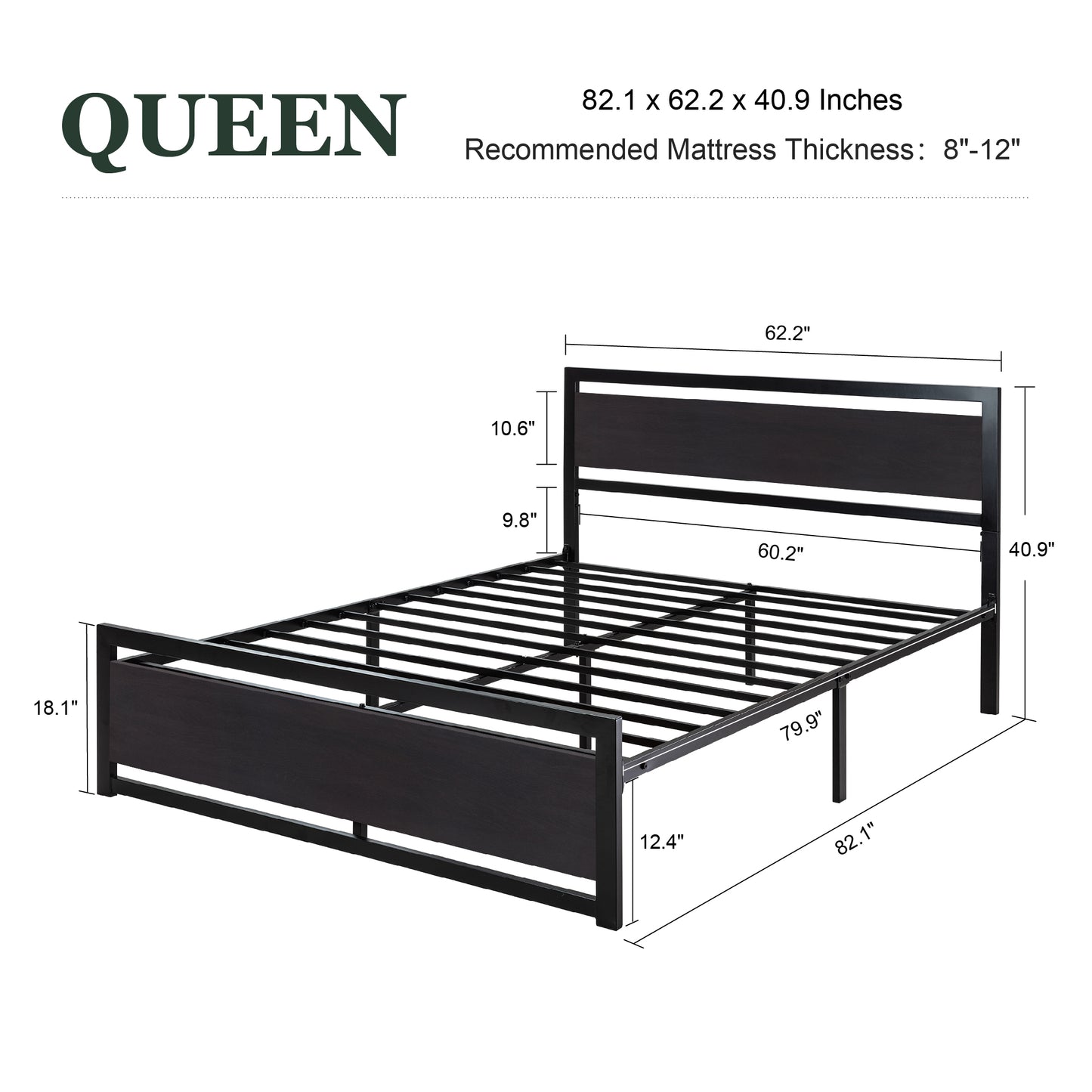 Heavy Duty Platform Bed, Metal Bed Frame with Modern Wooden Headboard & Footboard