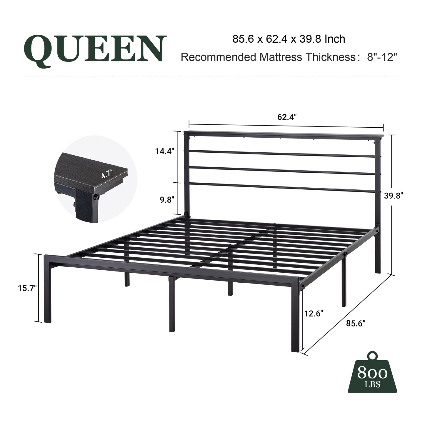 Queen Size Metal Bed Frame with Headboard Shelf, Black Oak