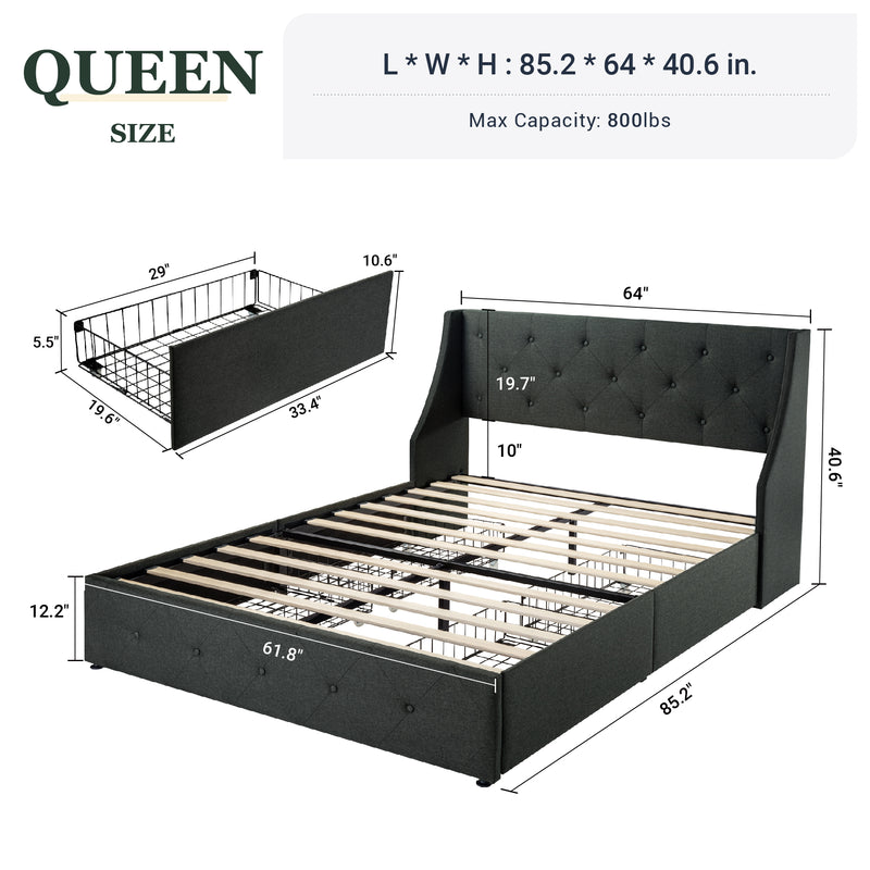 Queen Size Platform Bed Frame with 4 Storage Drawers and Wingback Headboard, Diamond Stitched Button Tufted Style, Dark Gray
