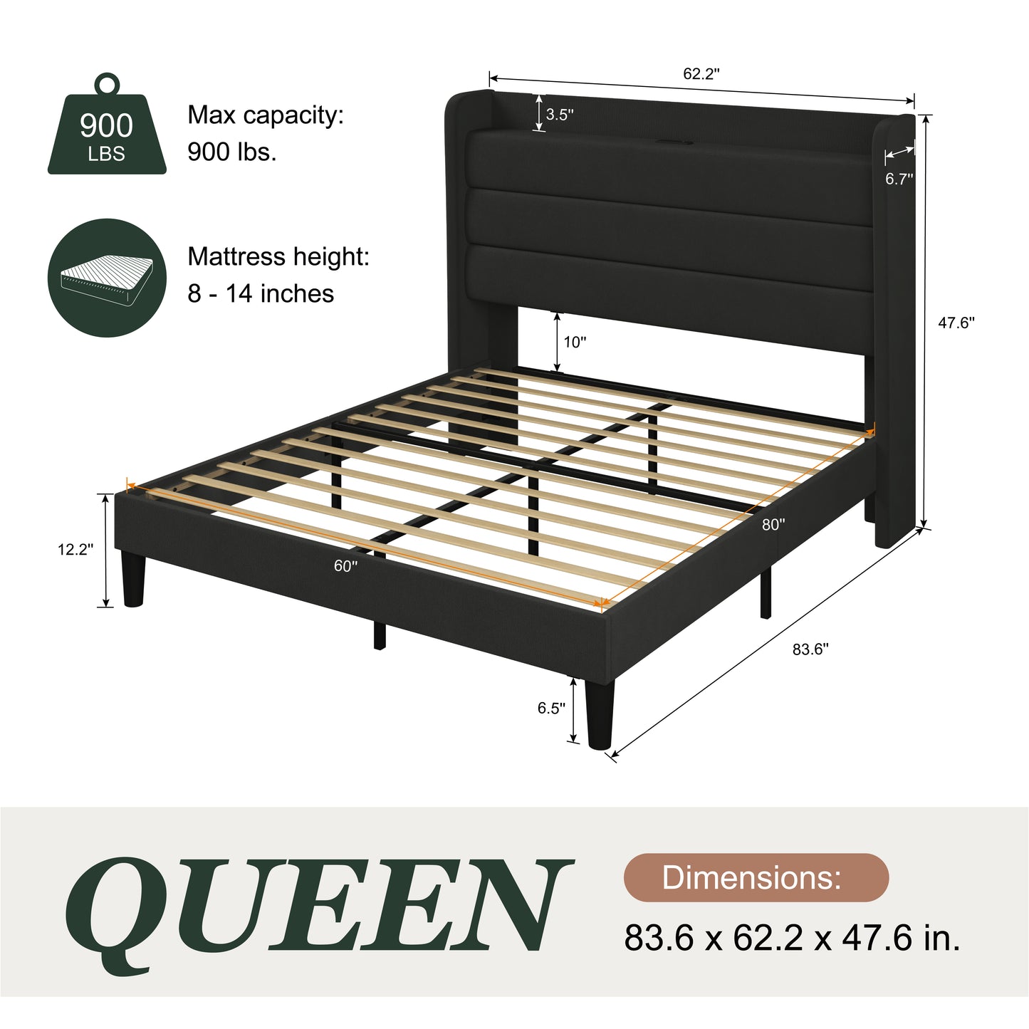 Amolife Platform Bed Frame with Upholstered Velvet Wingback Slat Headboard & Built-In Charging Station