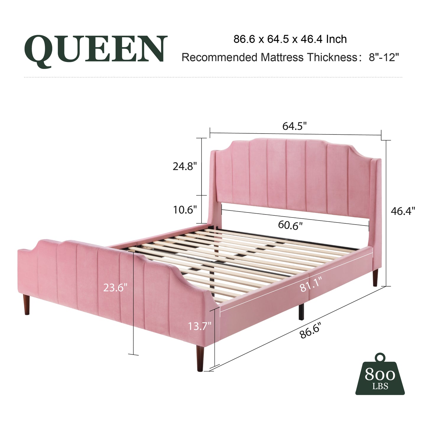 Modern Curved Wood Bed Frame with Upholstered Wingback Headboard