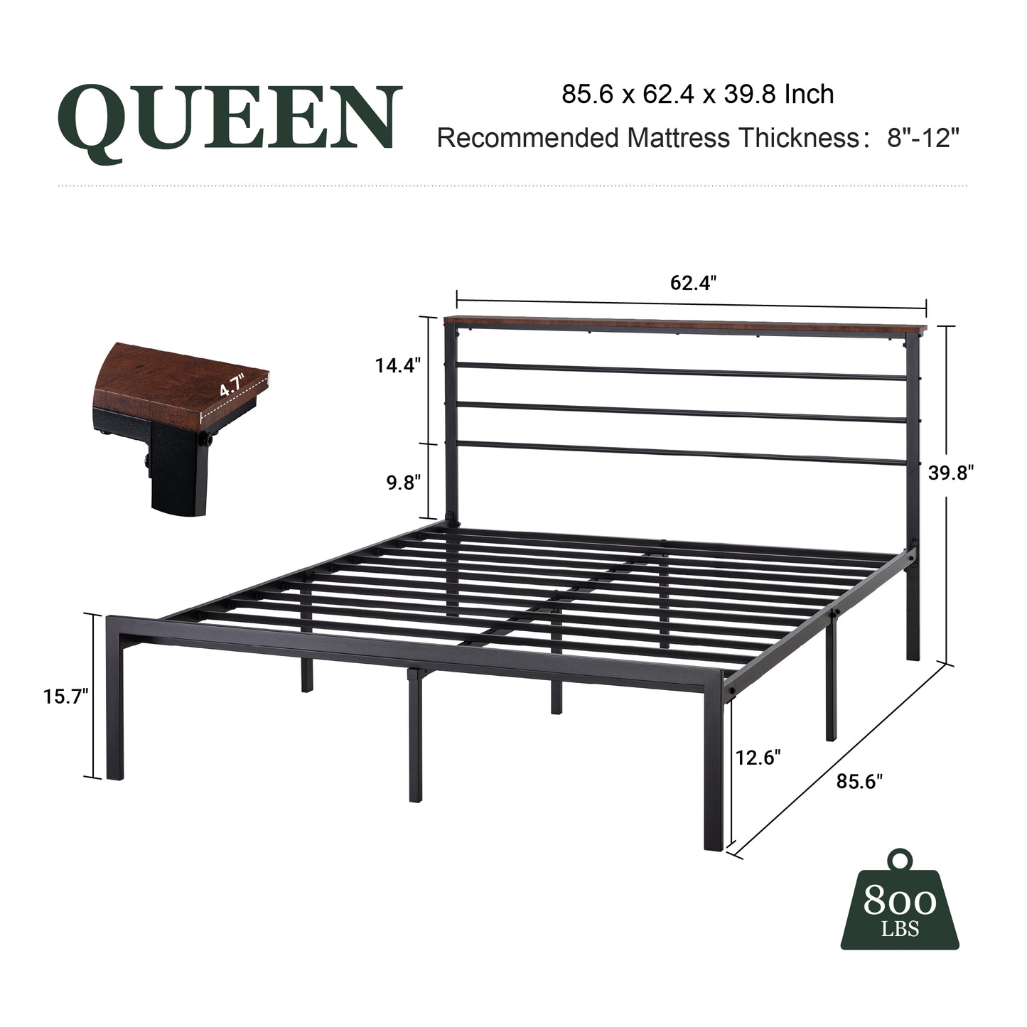 Queen Size Metal Bed Frame with Headboard Shelf, Black Oak
