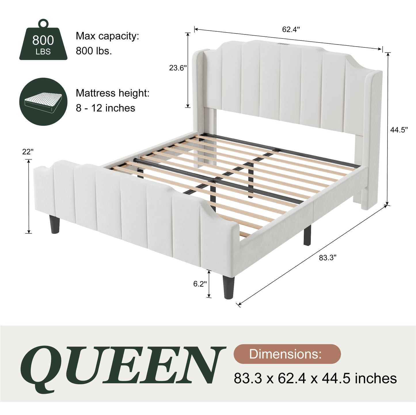 Amolife Upholstered Platform Bed with with USB Ports & Curved Velvet Wingback Headboard