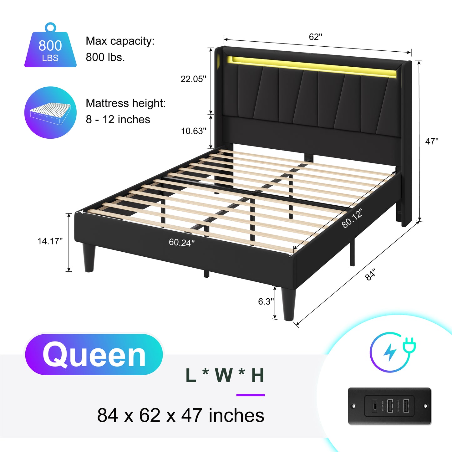 Amolife Bed Frame with Charging Station & LED Light, Velvet Upholstered Platform Bed with Geometric Wingback Headboard