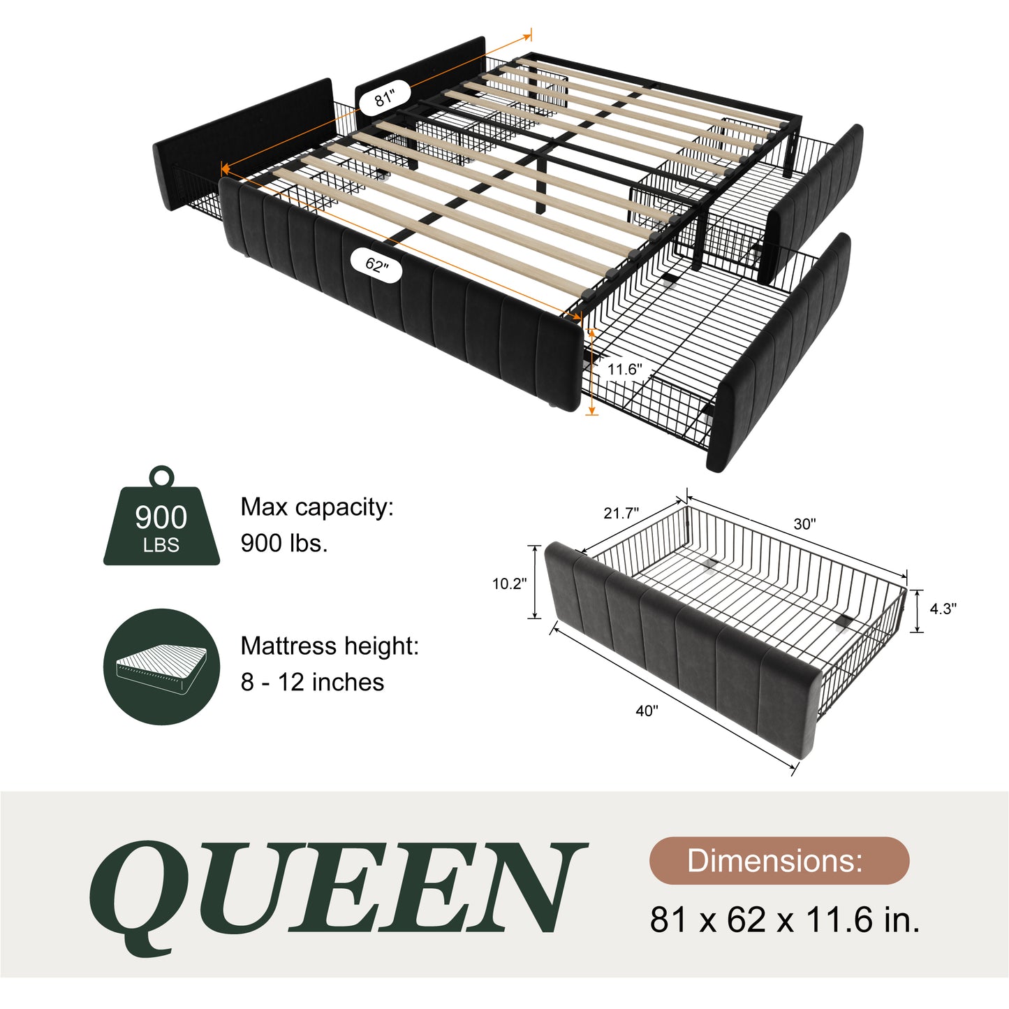 Amolife Bed Frame, Platform Storage Bed with 4 Large Velvet Storage Drawers, Wooden Slats