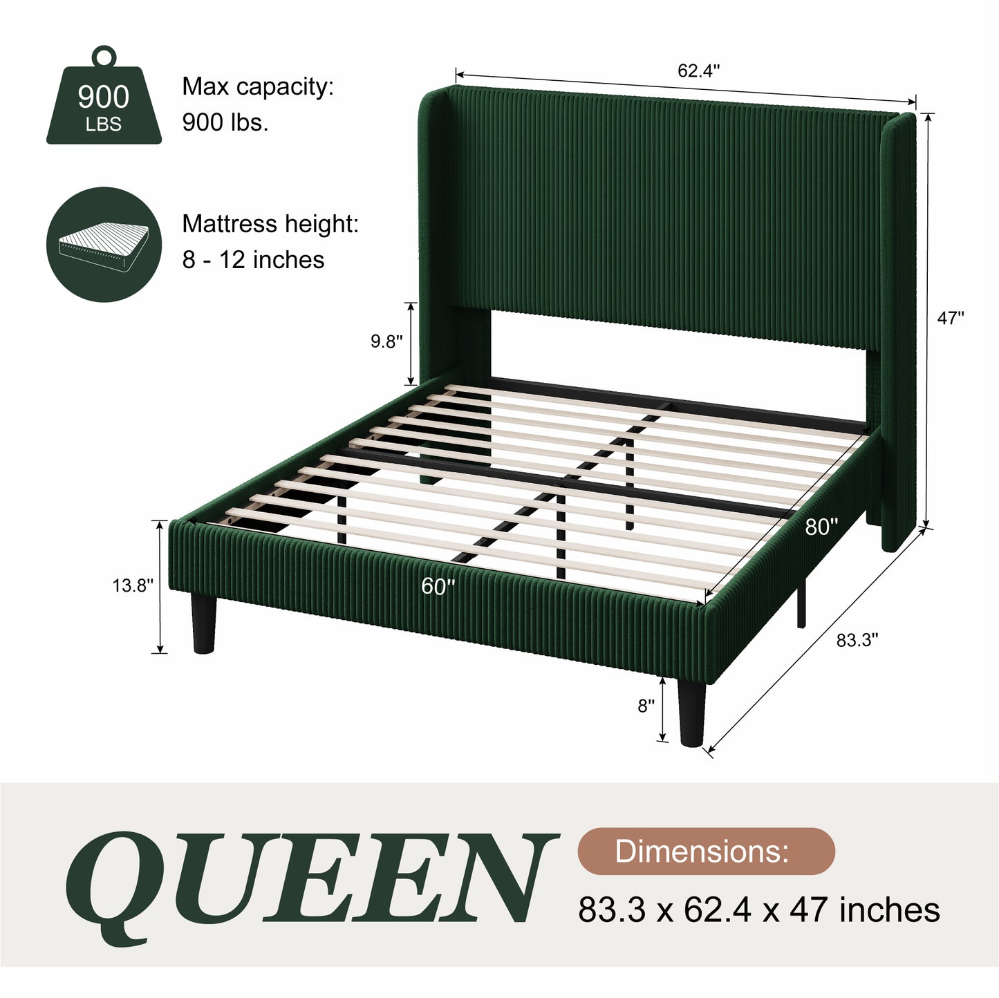 Amolife platform Bed Frame with Upholstered Wingback Headboard, Vertical Channel Tufted Corduroy Velvet