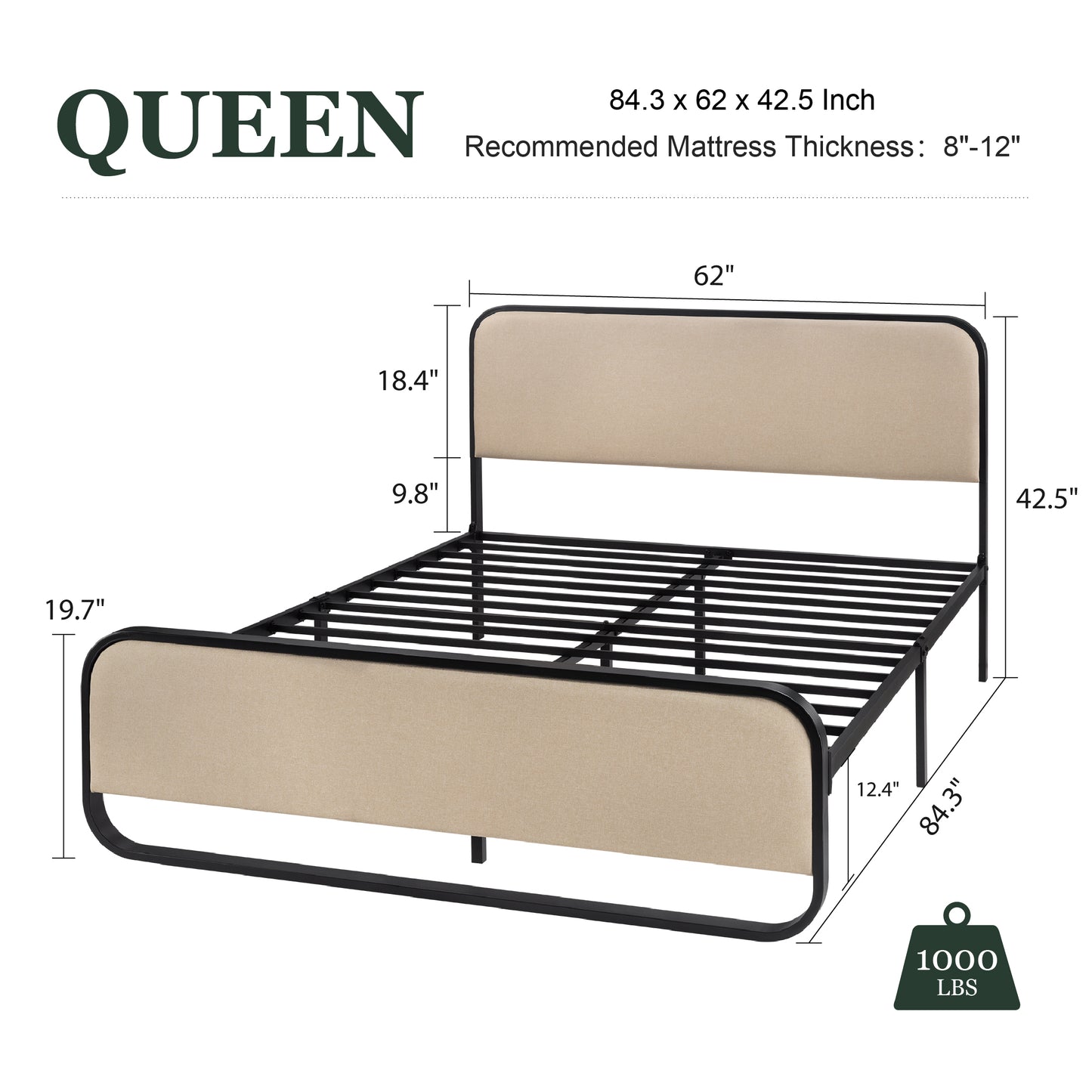 Queen Size Platform Bed Frame with Curved Upholstered Headboard and Footboard, Beige