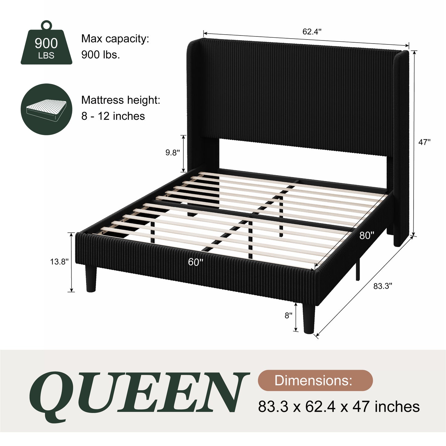 Amolife platform Bed Frame with Upholstered Wingback Headboard, Vertical Channel Tufted Corduroy Velvet