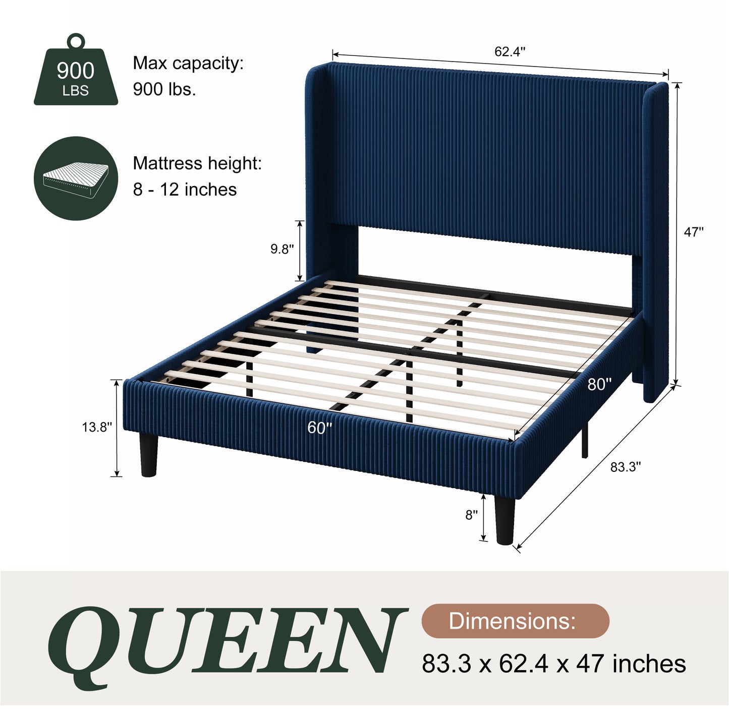 Amolife platform Bed Frame with Upholstered Wingback Headboard, Vertical Channel Tufted Corduroy Velvet