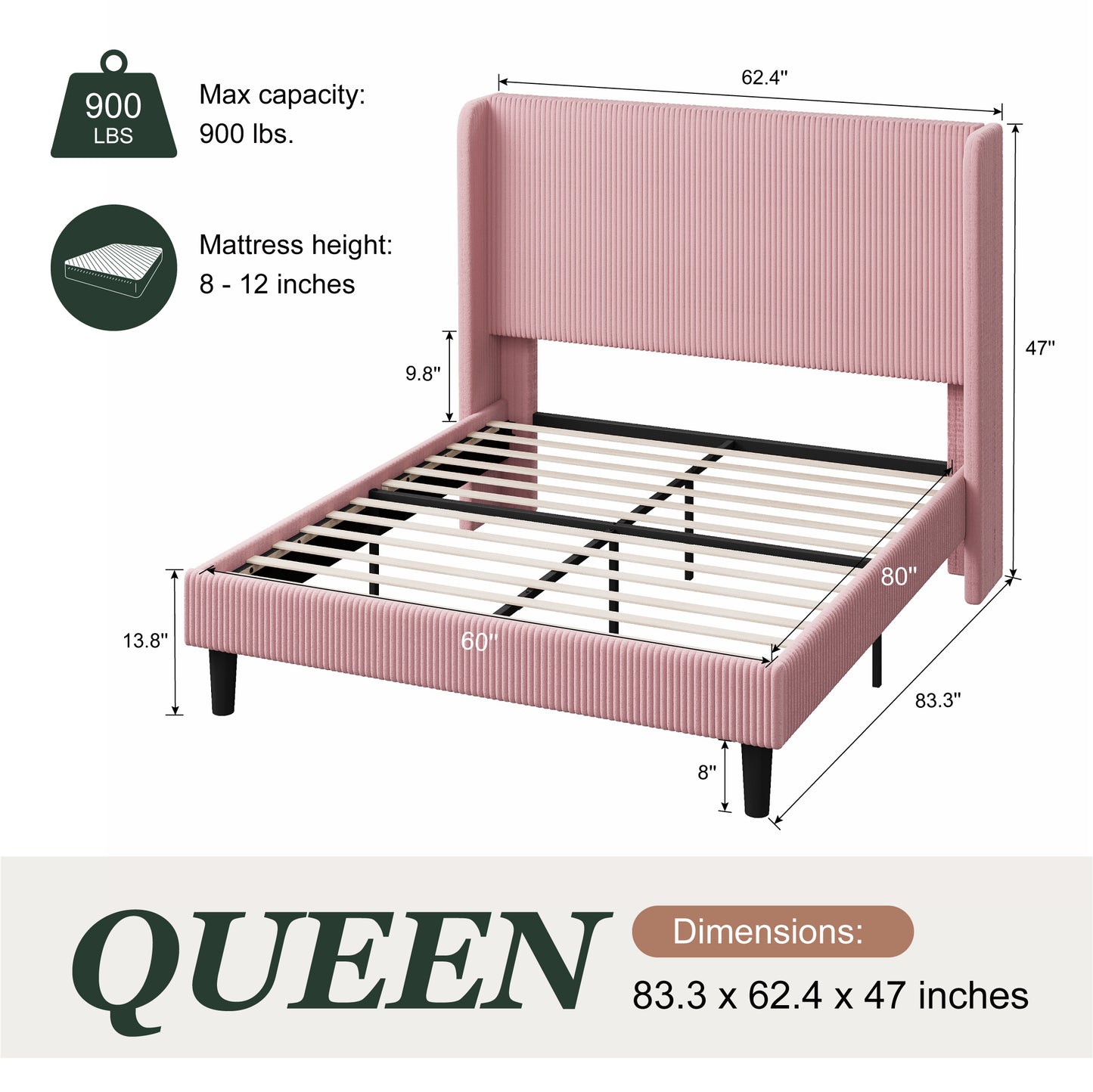 Amolife platform Bed Frame with Upholstered Wingback Headboard, Vertical Channel Tufted Corduroy Velvet