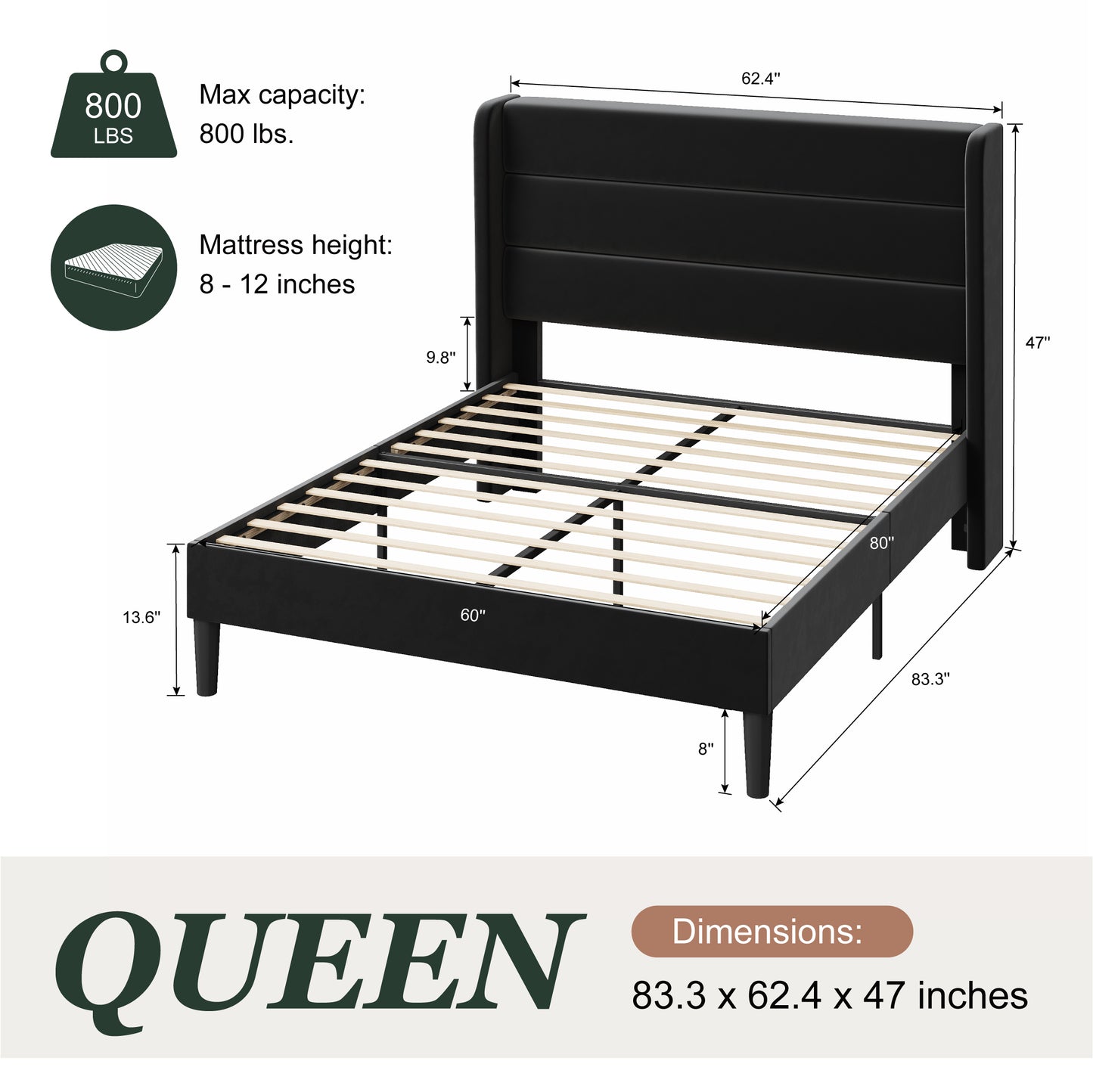 Amolife Platform Bed Frame with Velvet Upholstered Wingback Headboard