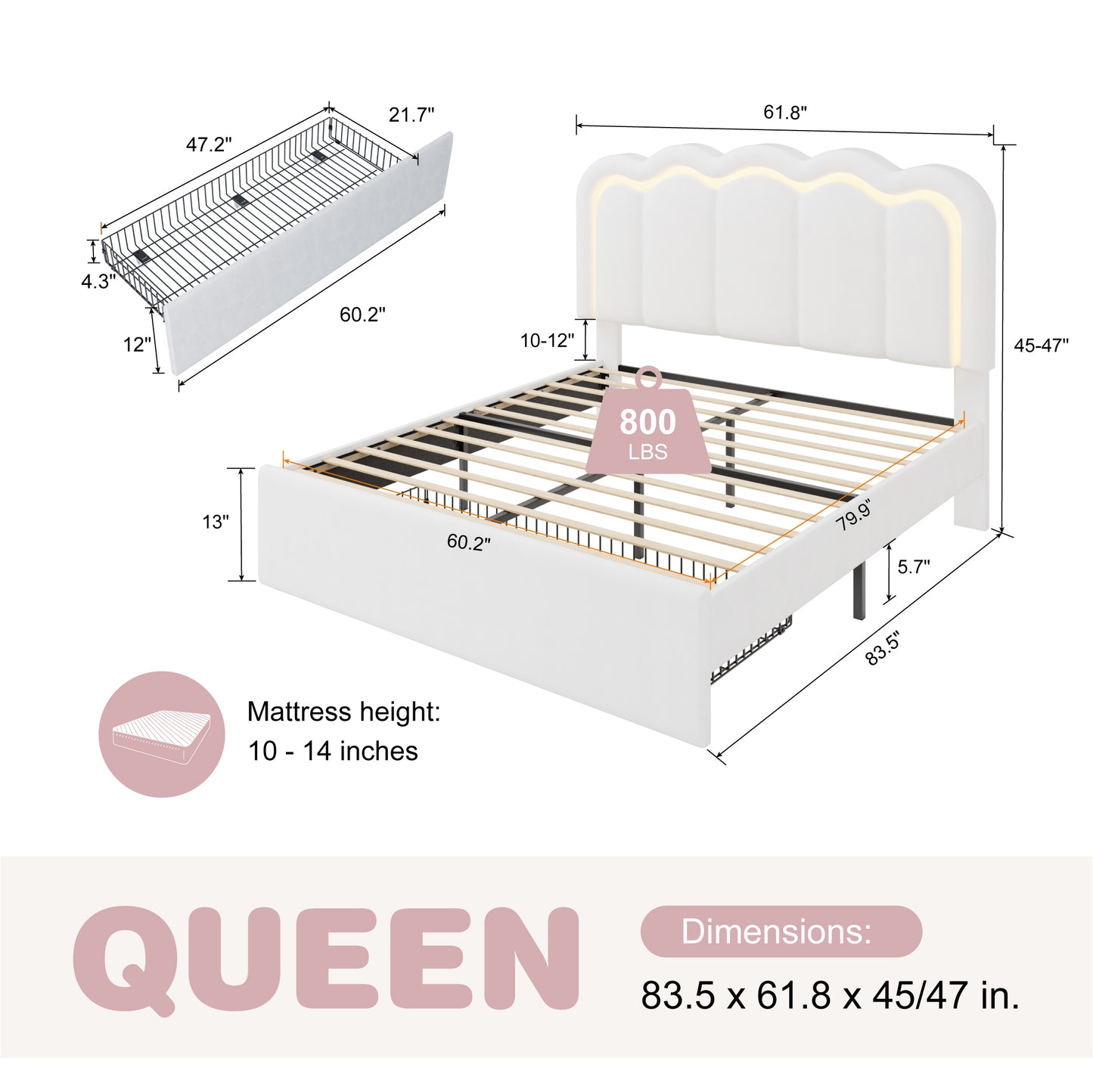 Amolife LED Bed Frame with Drawer, Velvet Upholstered Platform Bed Frame with Adjustable Wavy Headboard
