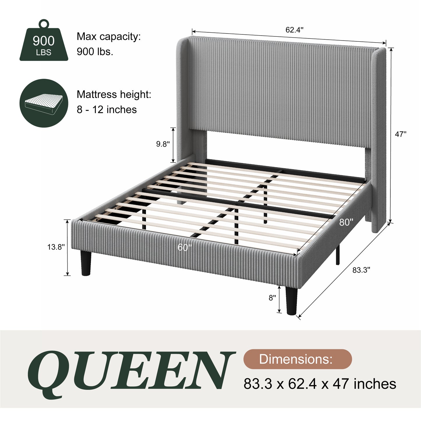 Amolife platform Bed Frame with Upholstered Wingback Headboard, Vertical Channel Tufted Corduroy Velvet