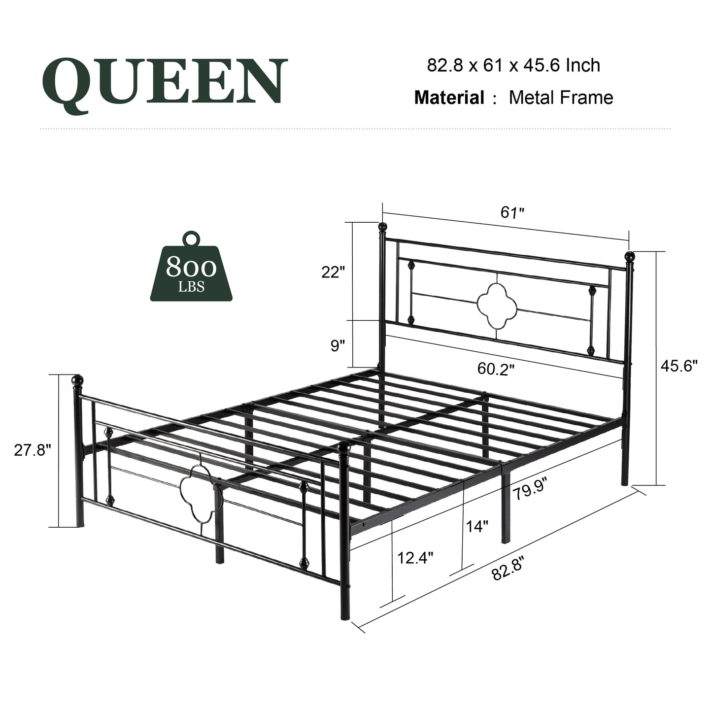 Queen Size Metal Bed Frame with Vintage Cross Pattern Headboard and Footboard, Black