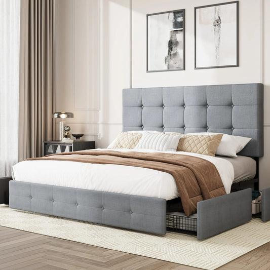Amolife Platform Bed Frame with Square-stitched or  Diamond-stitched Headboard and 4 Drawers