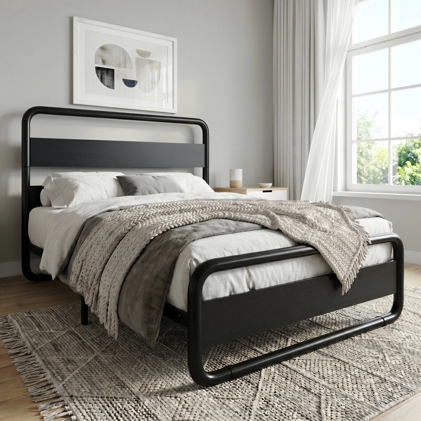 Amolife Bed Frame with Rounded-Edge Headboard and Footboard, Sturdy Construction, No Box Spring Required