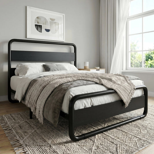 Amolife Bed Frame with Rounded-Edge Headboard and Footboard, Sturdy Construction, No Box Spring Required