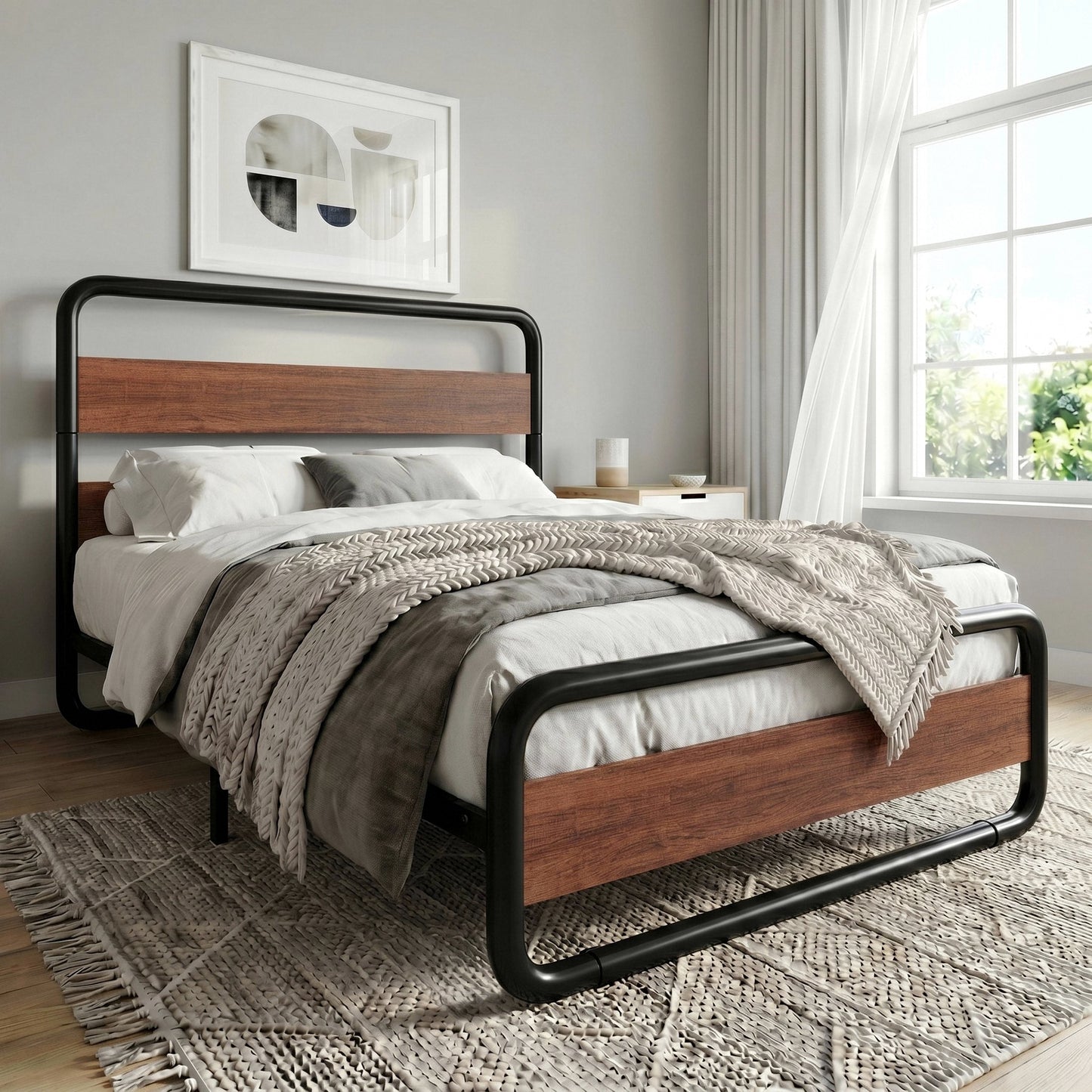Amolife Bed Frame with Rounded-Edge Headboard and Footboard, Sturdy Construction, No Box Spring Required