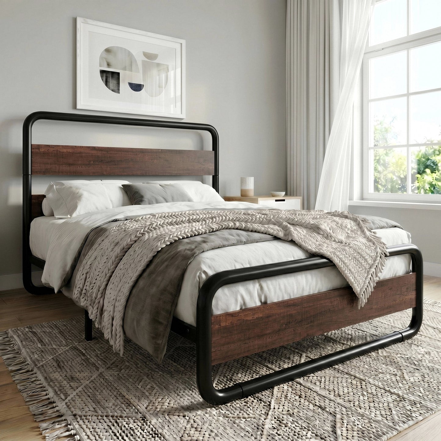 Amolife Bed Frame with Rounded-Edge Headboard and Footboard, Sturdy Construction, No Box Spring Required