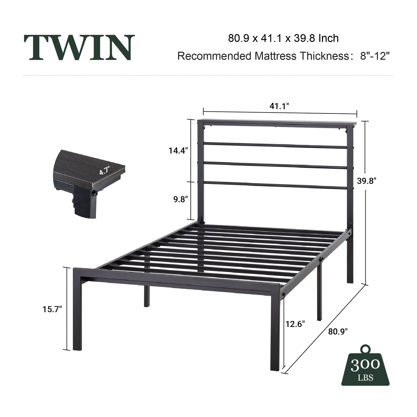 Queen Size Metal Bed Frame with Headboard Shelf, Black Oak