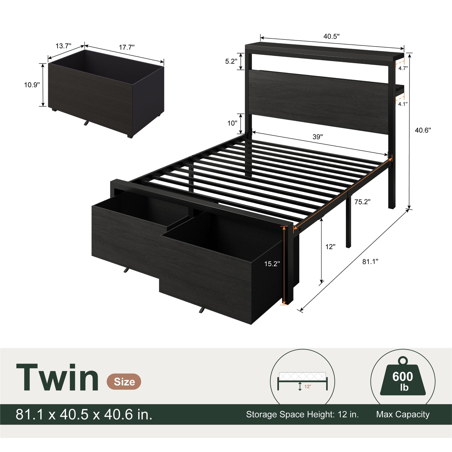 Amolife Storage Bed Frame, 2 Storage Drawers, 2-Tier Shelf Wood Headboard with Charging Station & LED Light, Black