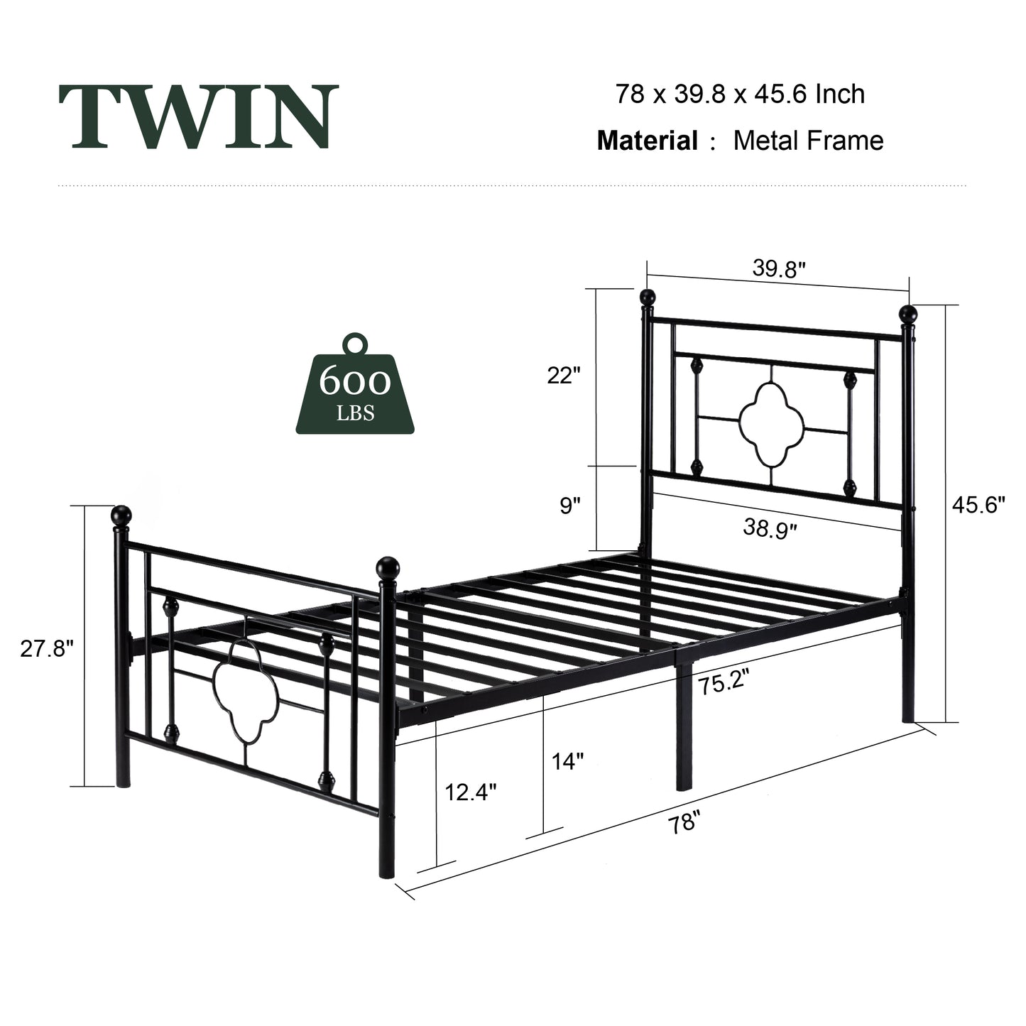 Queen Size Metal Bed Frame with Vintage Cross Pattern Headboard and Footboard, Black