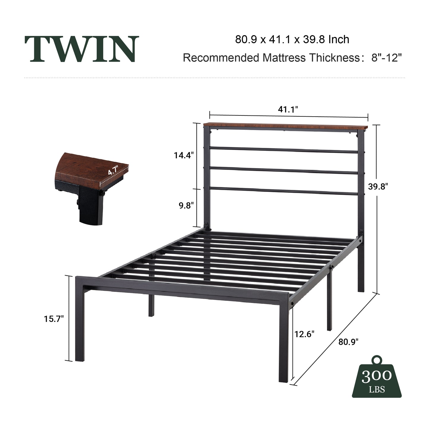 Queen Size Metal Bed Frame with Headboard Shelf, Black Oak